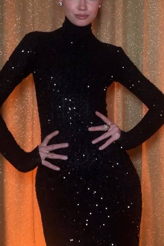 High-neck Shiny Slim-fit Maxi Dress