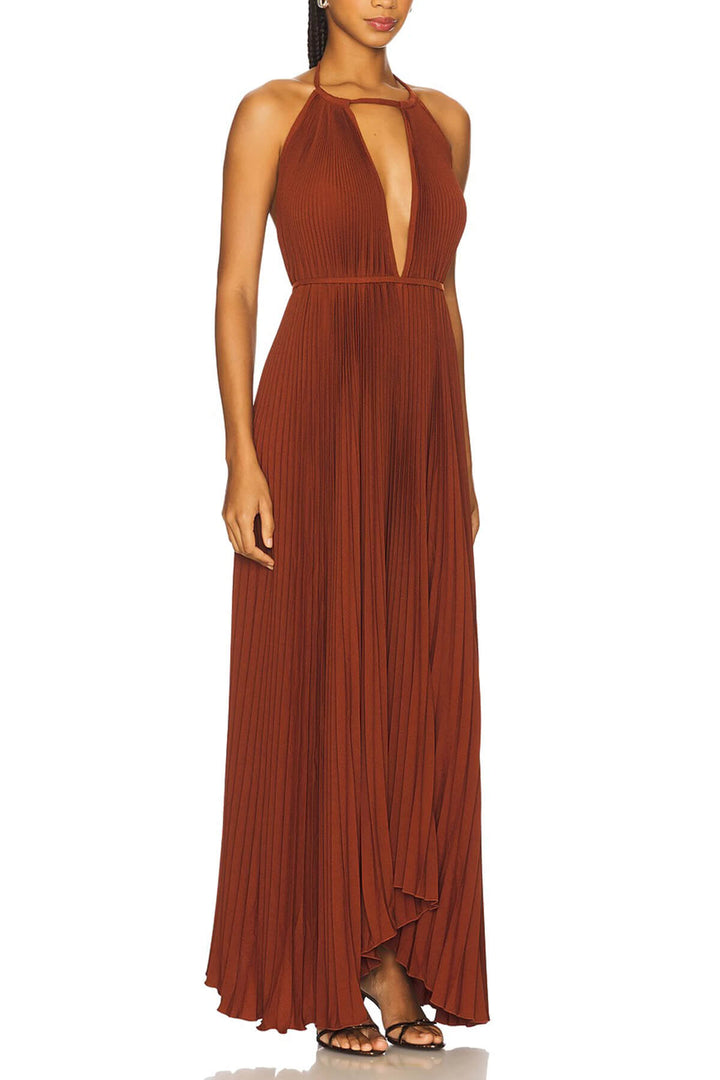 Bohemian Pleated Halter Neck Backless Tie-Waist Maxi Dress