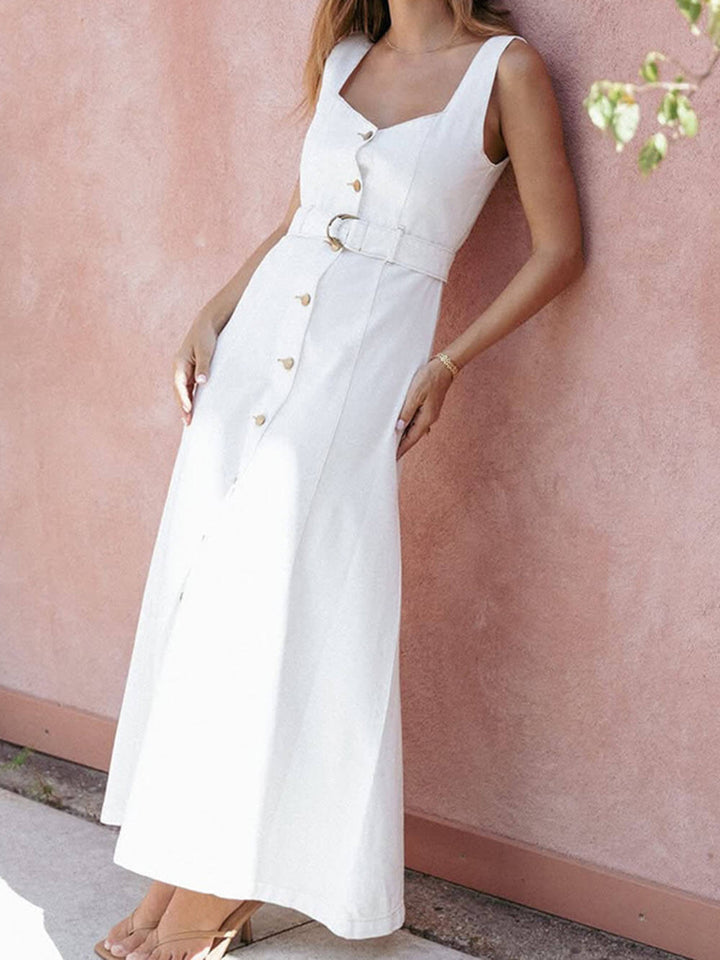 Exquisite Sexy Suspender Solid Color High Waist Sleeveless Button Lace-up Dress