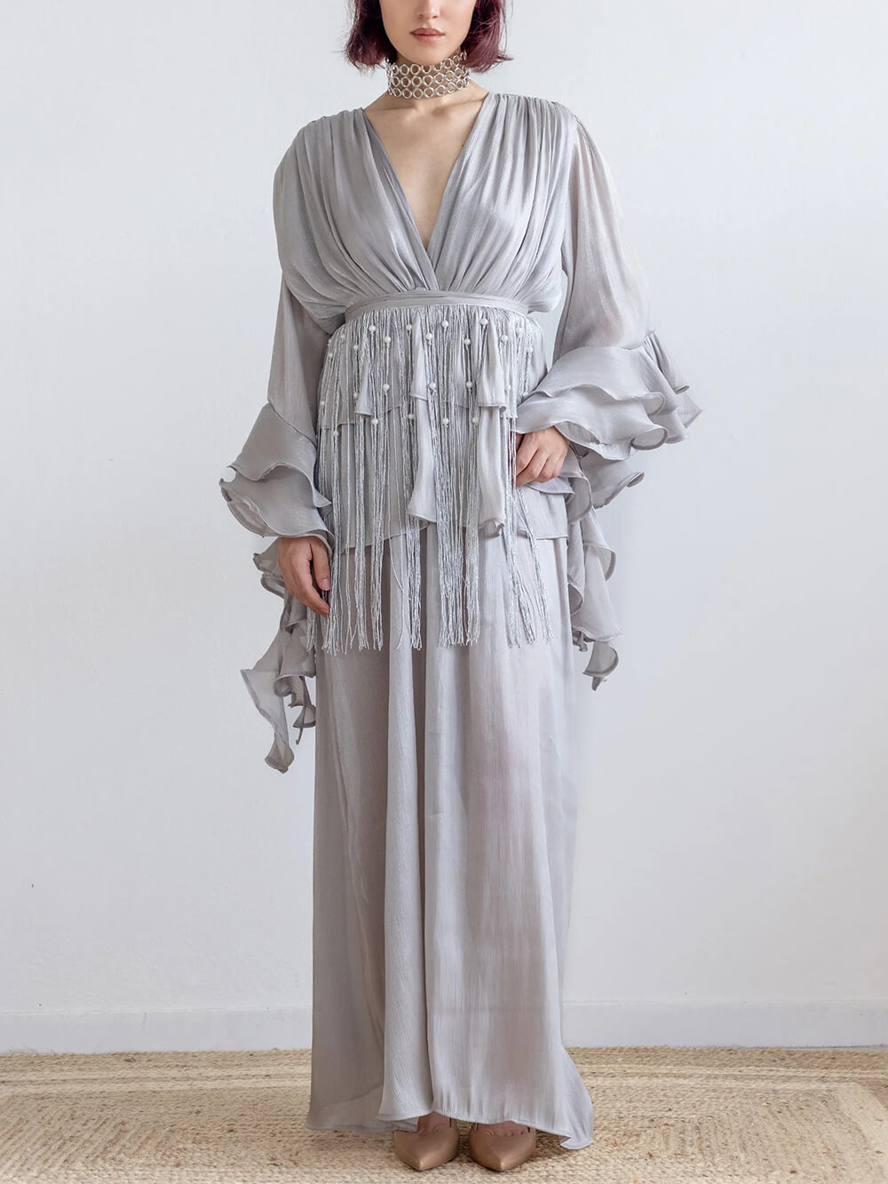 Elegant V-Neck Ruffle Ruched Chiffon Maxi Dress