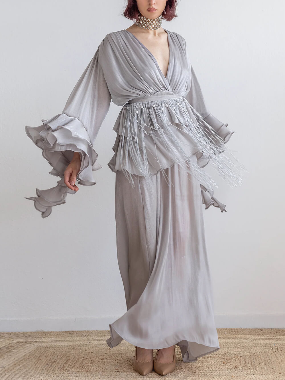 Elegant V-Neck Ruffle Ruched Chiffon Maxi Dress