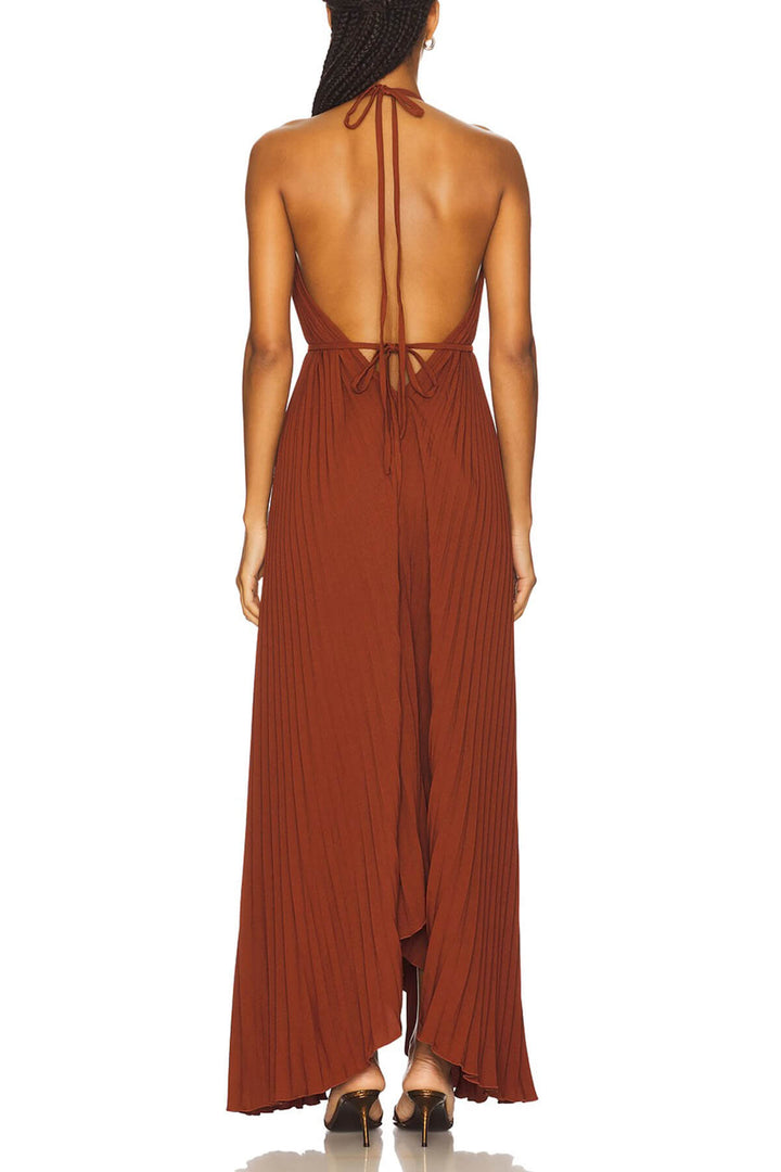 Bohemian Pleated Halter Neck Backless Tie-Waist Maxi Dress