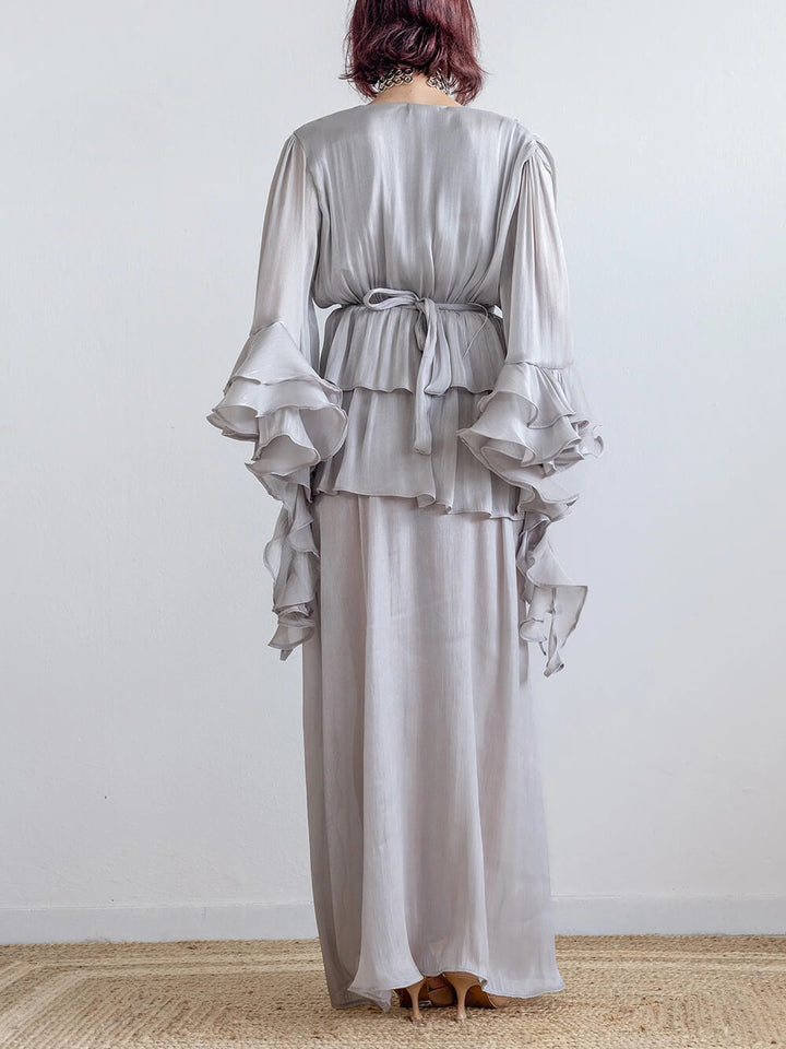 Elegant V-Neck Ruffle Ruched Chiffon Maxi Dress