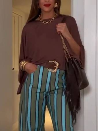 Loose T-Shirt And Striped Printed Pants Set-Top