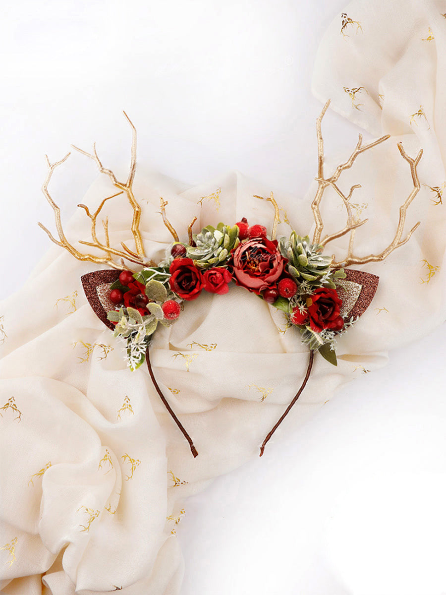 Diadema de reno navideño con asta de rosa