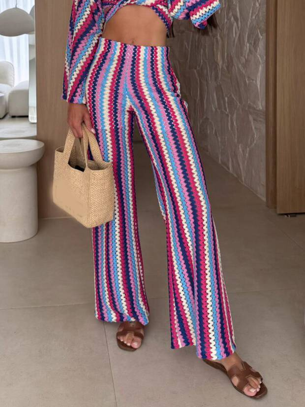 Vacation Style Striped Shirt And Wide Leg Pants Suit-Pants