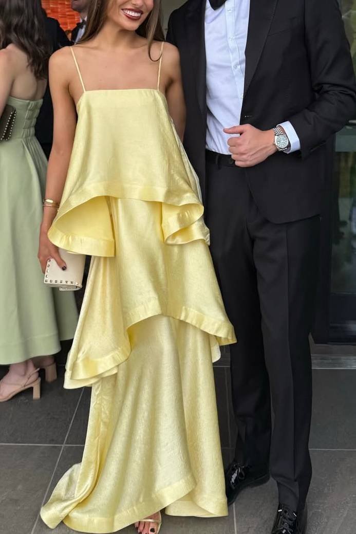 Elegant Three-layer Ruffle Sling Maxi Dress