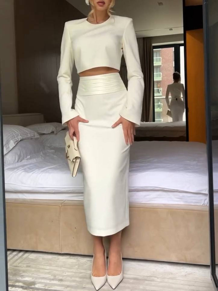 Minimalist Slim Fit Long Sleeve Shirt And Skirt Suit-Top