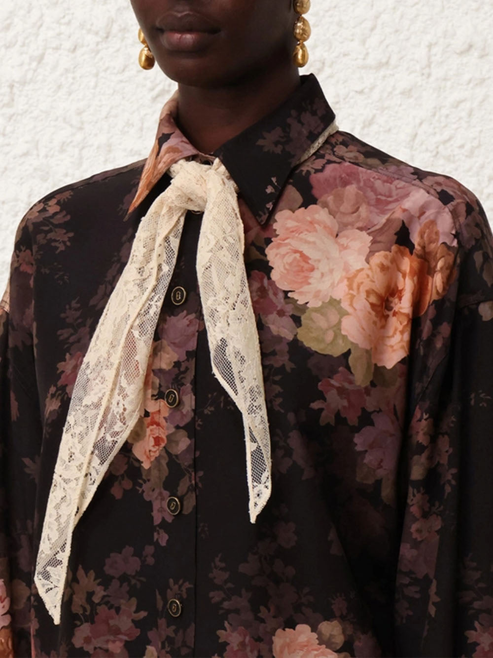 Illustration Print Lace Scarf Shirt