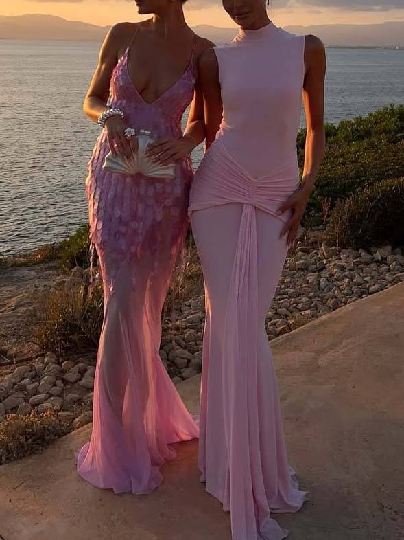 V-neck Backless Sequined Fishtail Maxi Dress