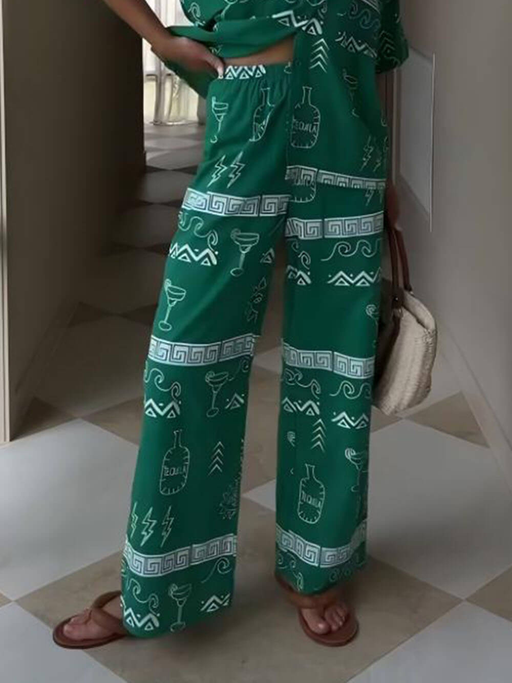 Unique Ethnic Pattern Printed Loose Elastic Wide-Leg Pants