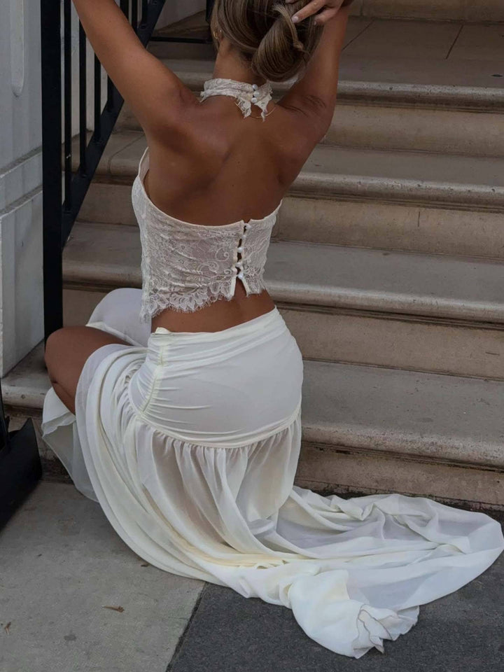 Halter Neck Lace Top And Slit Skirt Suit-Skirt