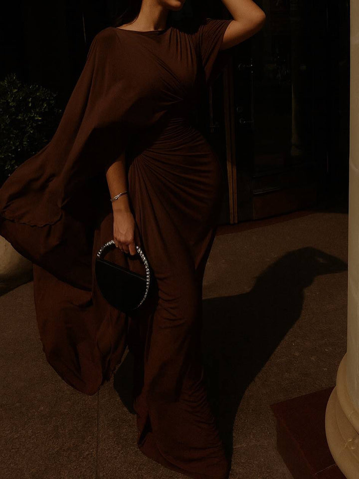 Boat Neck Pleated Slim Fit Maxi Dress