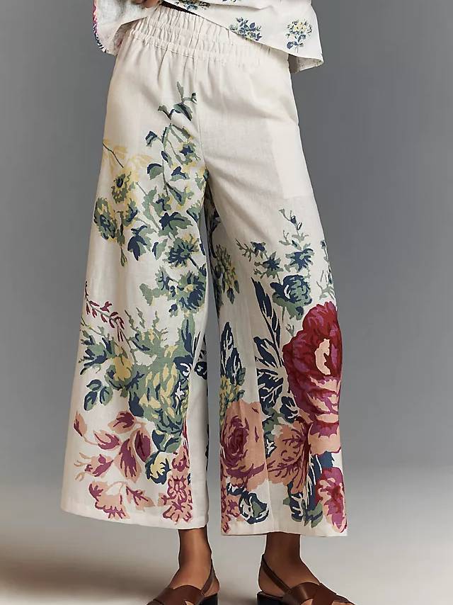 Floral Print Tube Top And Wide-Leg Pants Suit