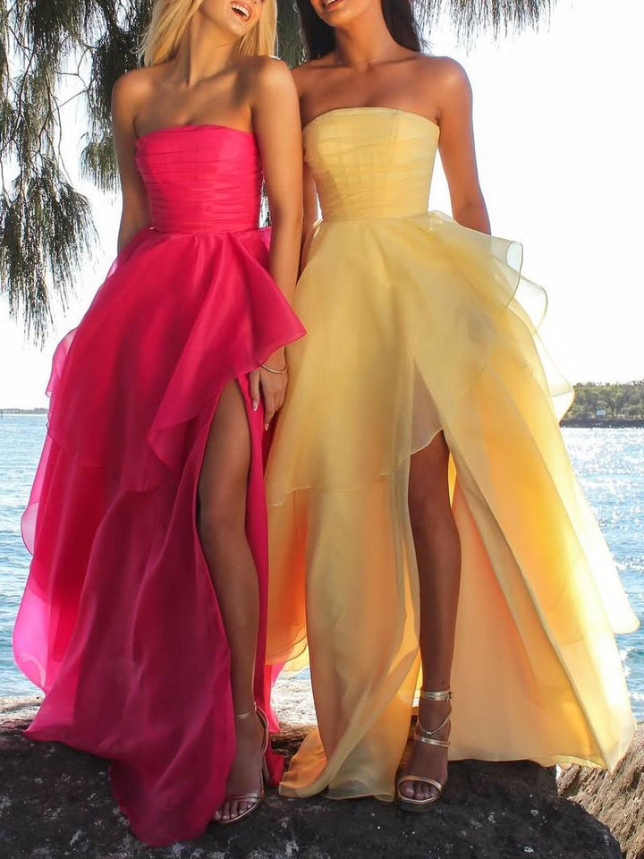 Tube Top Front Slit Multi-layer Maxi Dress