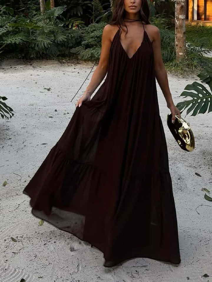 Elegant Pleated V-neck Maxi Dress