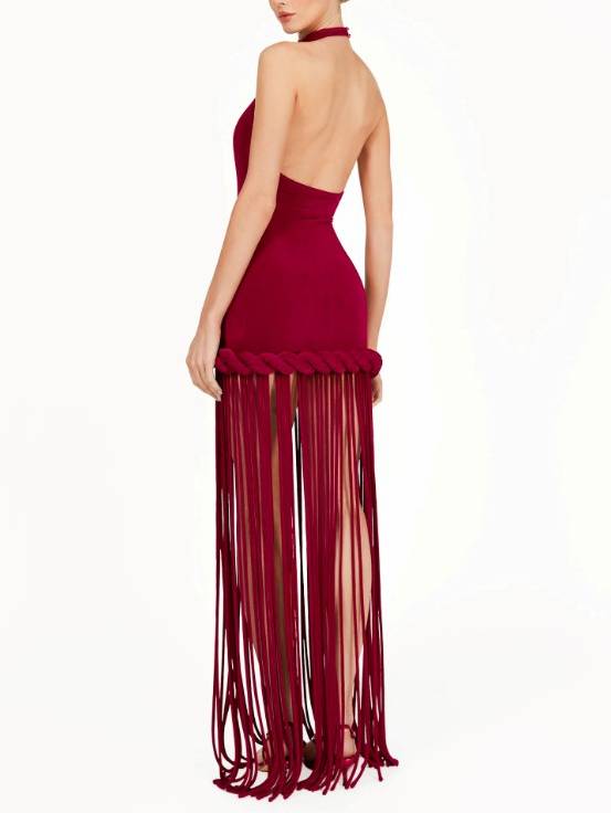Halter Neck Backless Tassel Design Maxi Dress