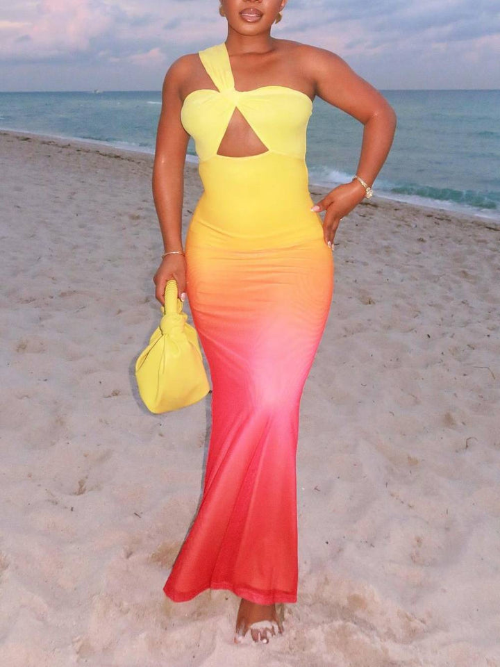 Sunset Gradient Color One Shoulder Maxi Dress