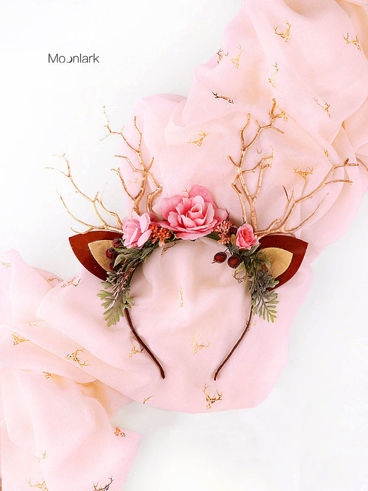 Diadema de reno navideño del bosque rosa