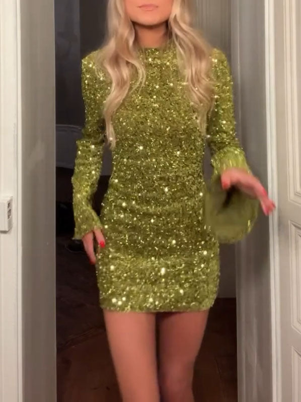 Shiny Bell Sleeve Mini Dress