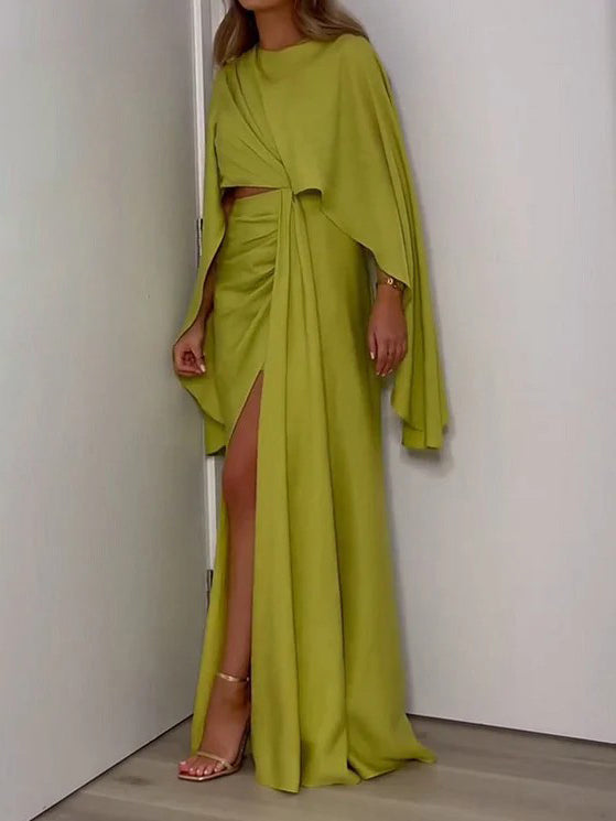 Fashionable Trumpet Sleeve Hollow Gown Maxi Dress