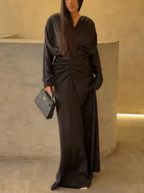 V-Neck Pleated Long Sleeve Maxi Dress