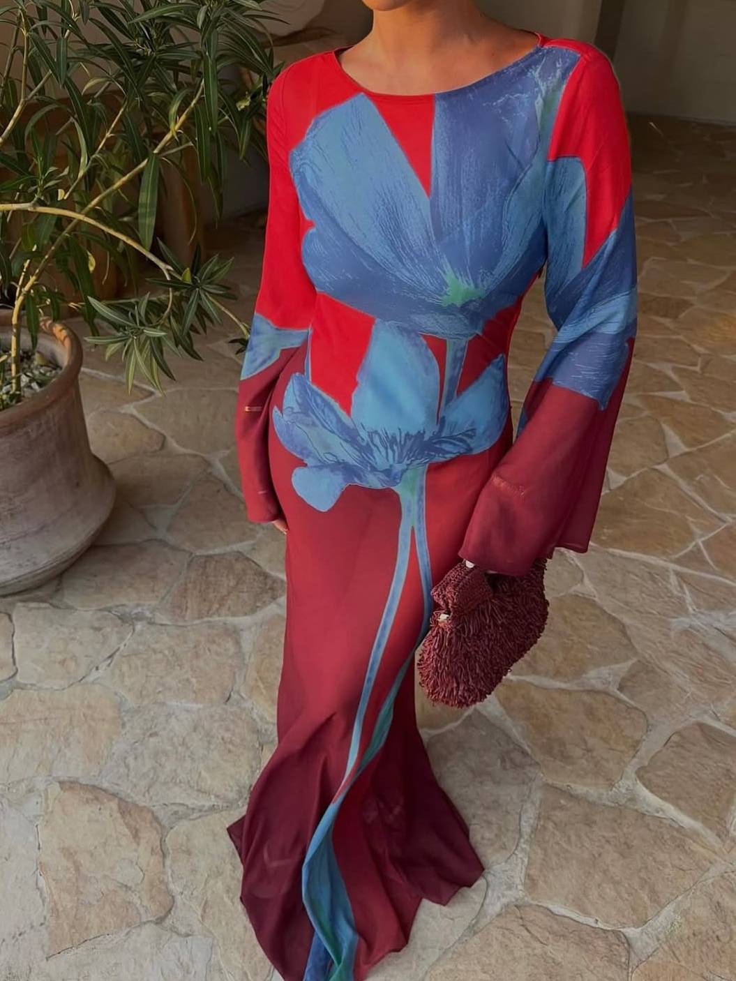 Unique Printed Long Sleeve Maxi Dress