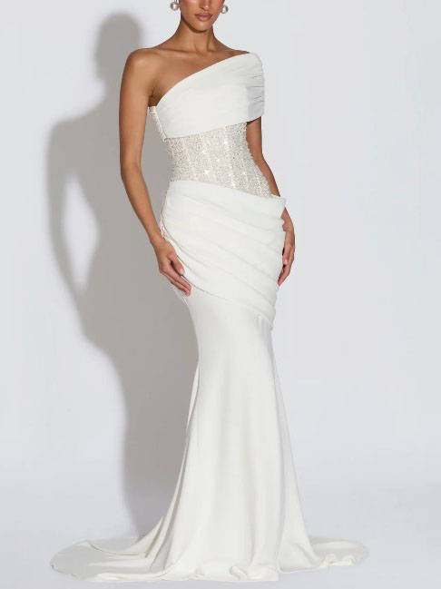 Sequin Splicing Off-Shoulder Pleated Maxi Dress