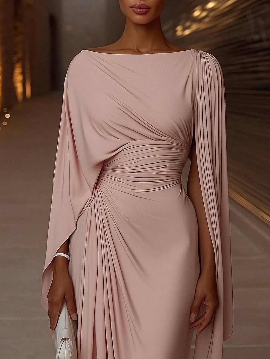 Boat Neck Pleated Slim Fit Maxi Dress