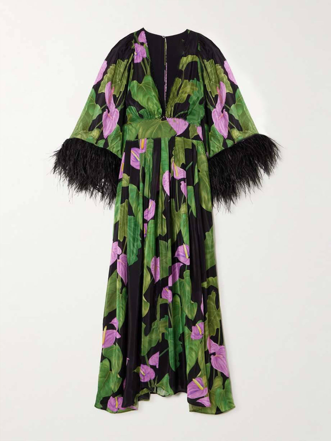 Elegant Feather Trim Floral Print Flowy Maxi Dress