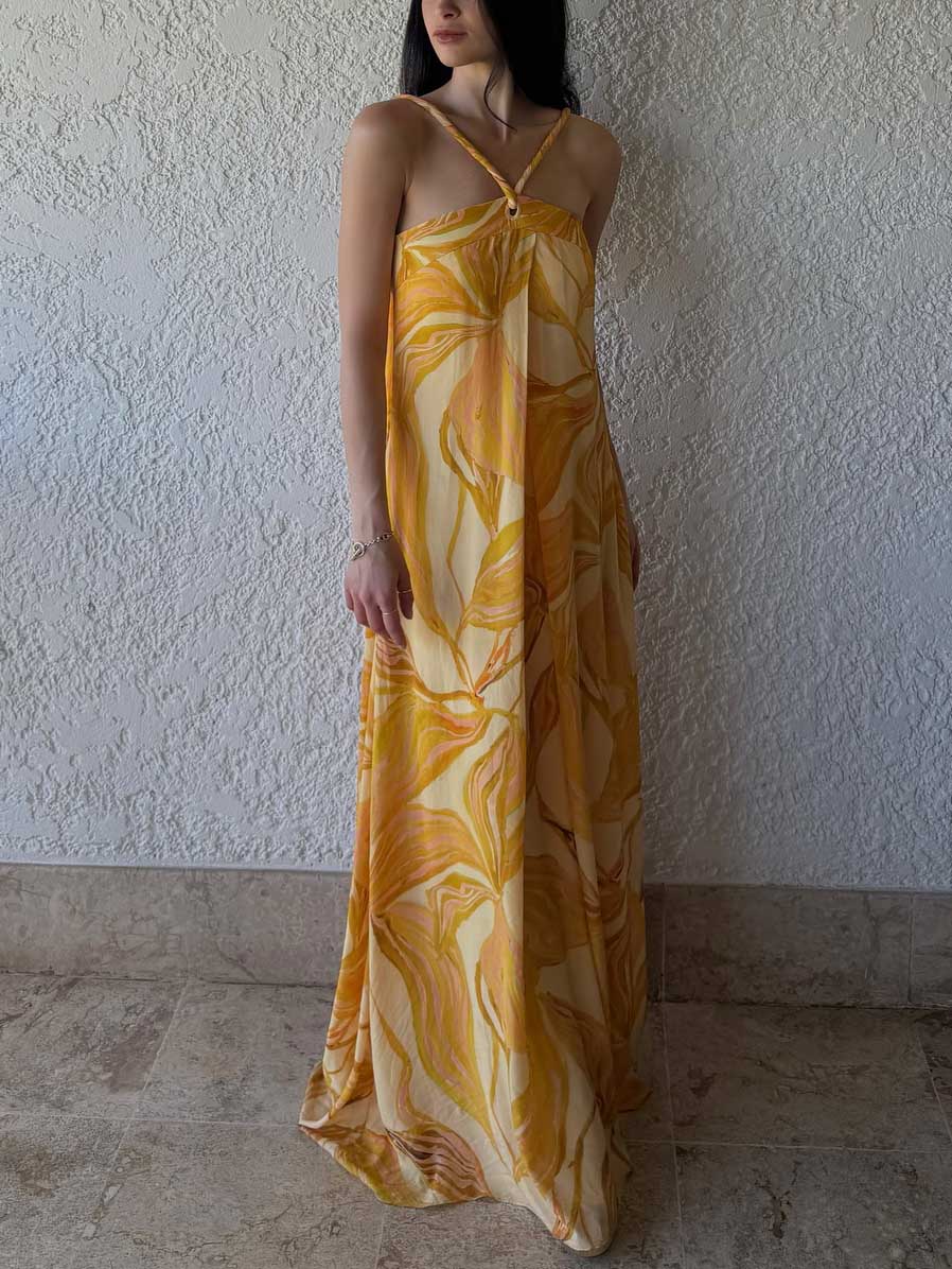 Unique Vibrant Amber Lily Print Flowy Maxi Dress