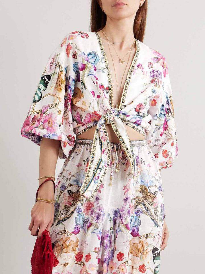 Unique Exotic Garden Floral Print Tie Top