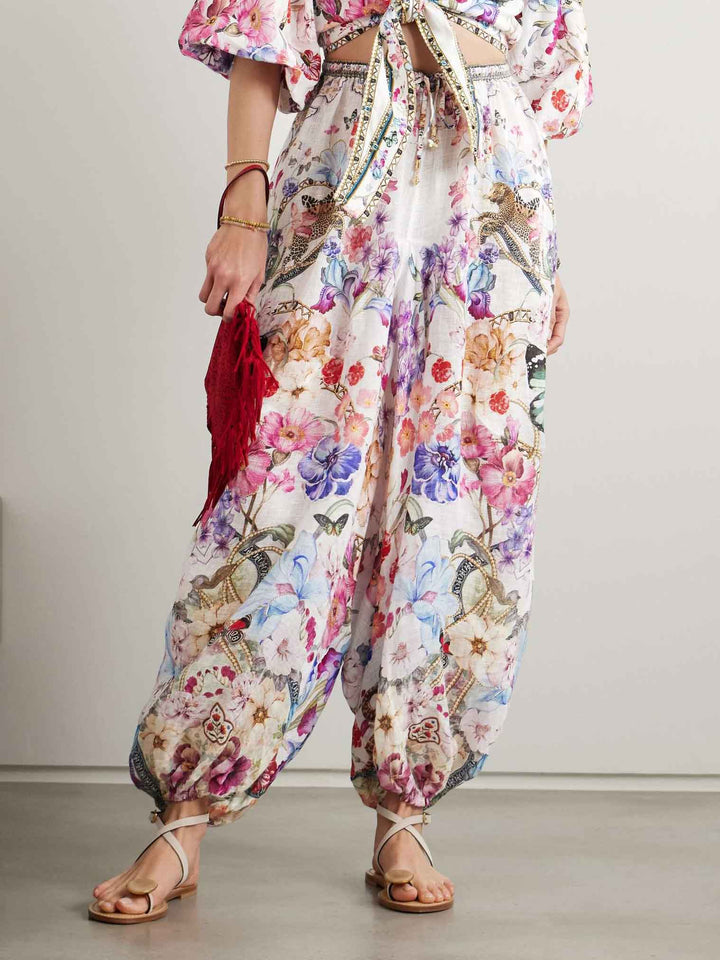 Unique Exotic Garden Floral Print Tapered Pants