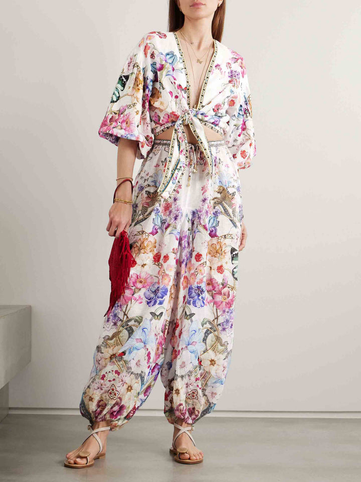 Unique Exotic Garden Floral Print Tie Top