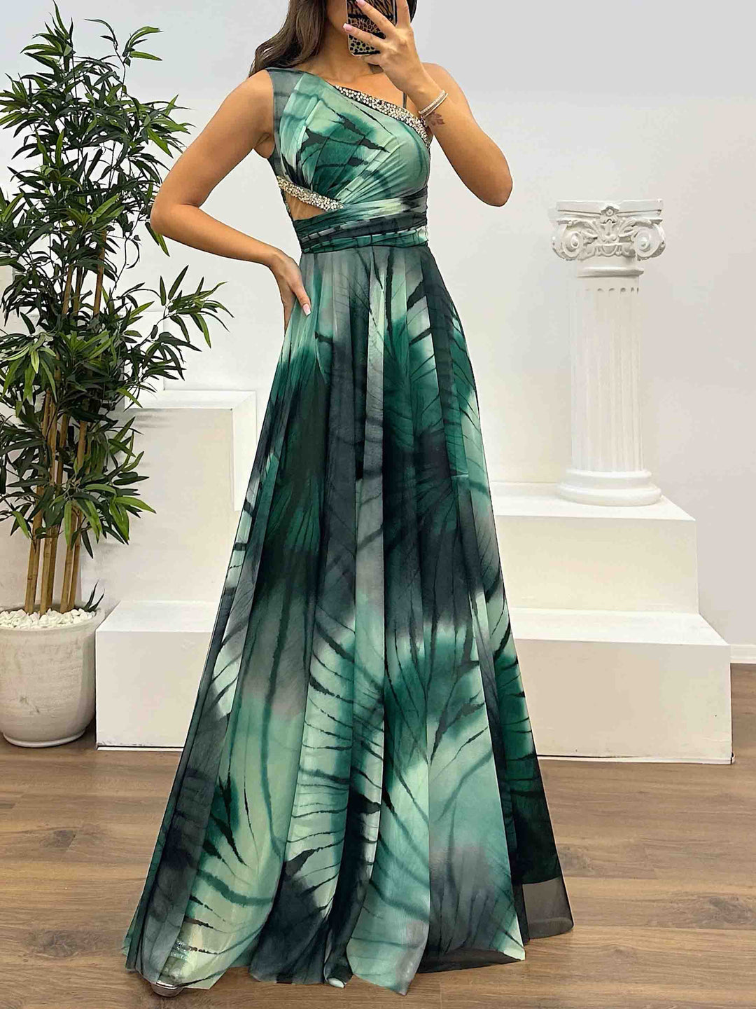 Elegant One Shoulder Abstract Print Party Maxi Dress