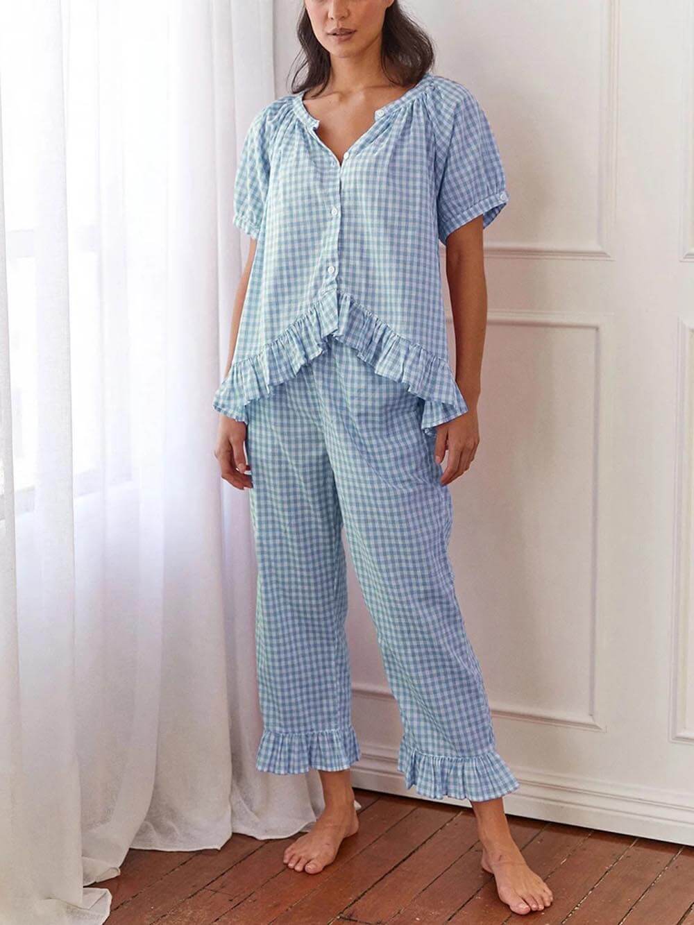 Rento röyhelöinen ruudullinen printtipaita Pyjama-setti