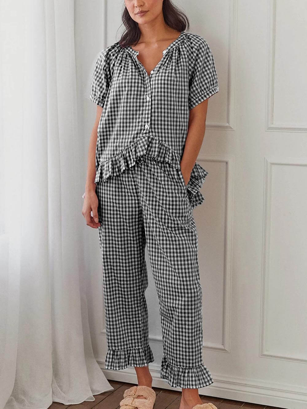 Casual geplooide geruite print pyjamaset