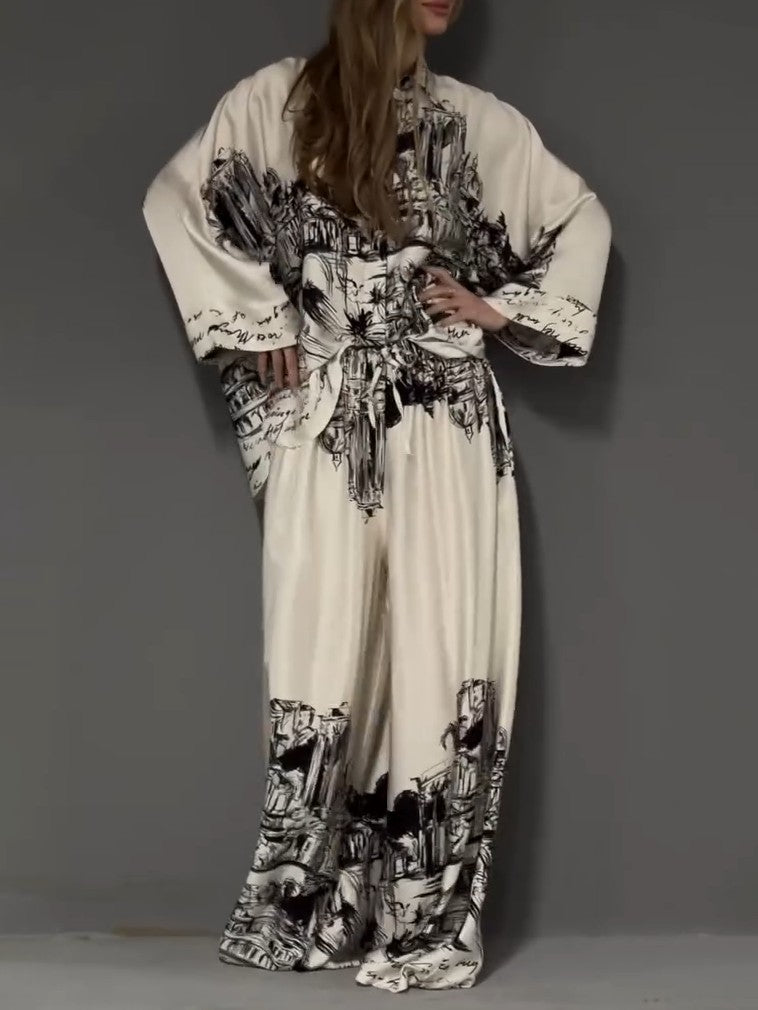 Architectural Print Satin Wide-Leg Pants