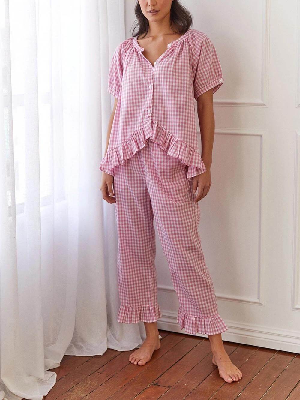 Casual geplooide geruite print pyjamaset