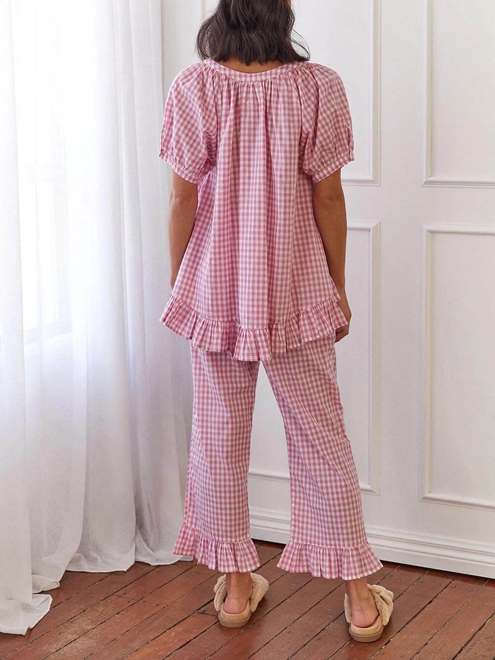 Rento röyhelöinen ruudullinen printtipaita Pyjama-setti