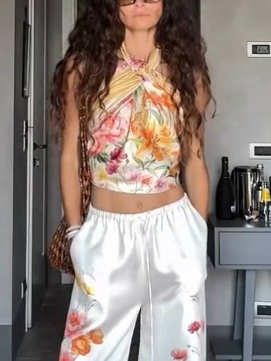 Vacation Style Floral Print Scarf Top And Wide Leg Pants Set-Top