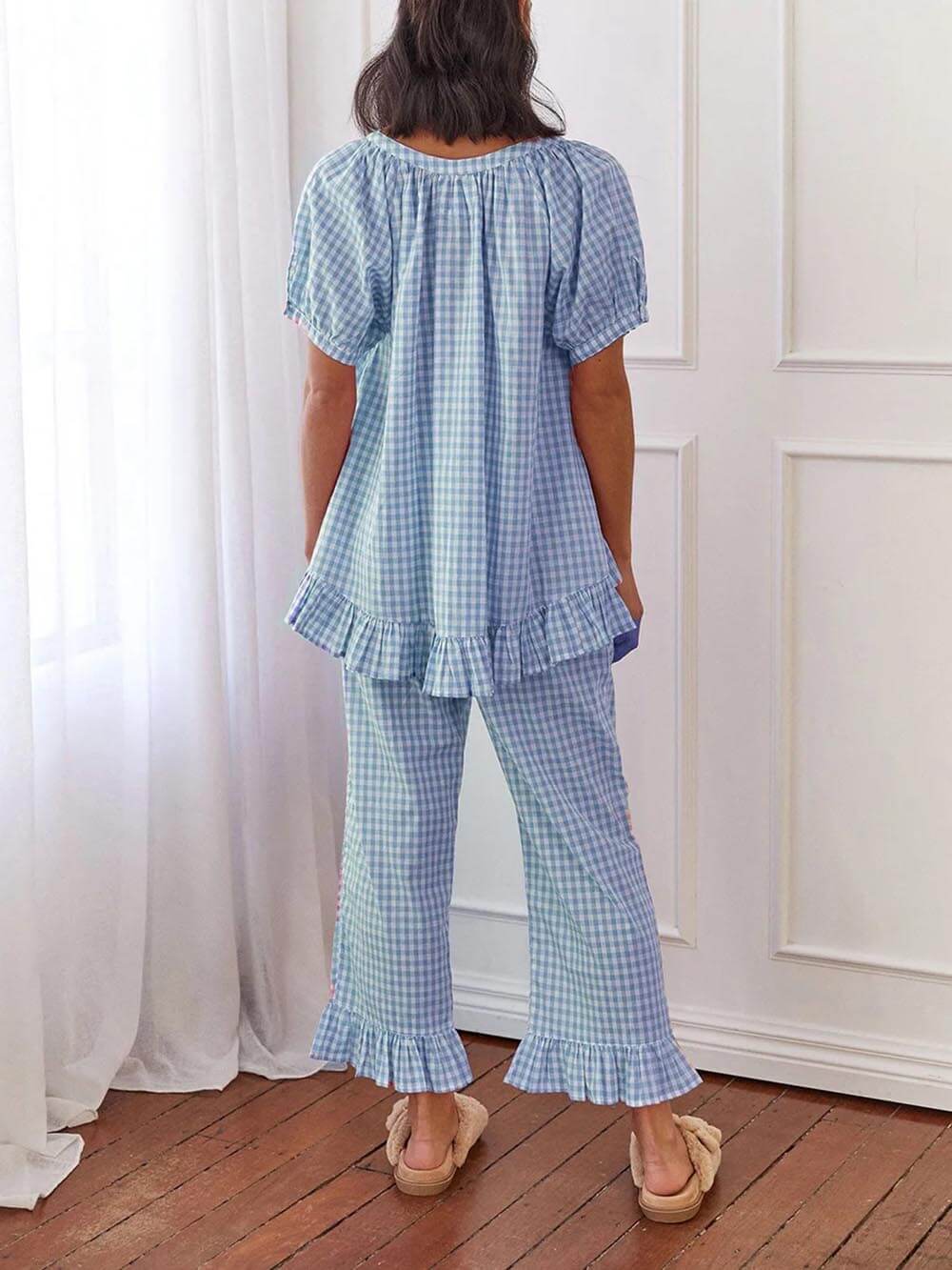 Rento röyhelöinen ruudullinen printtipaita Pyjama-setti