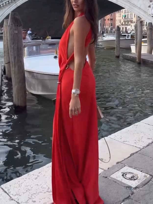 Sexy Deep V-Neck Side Slit Backless Maxi Dress