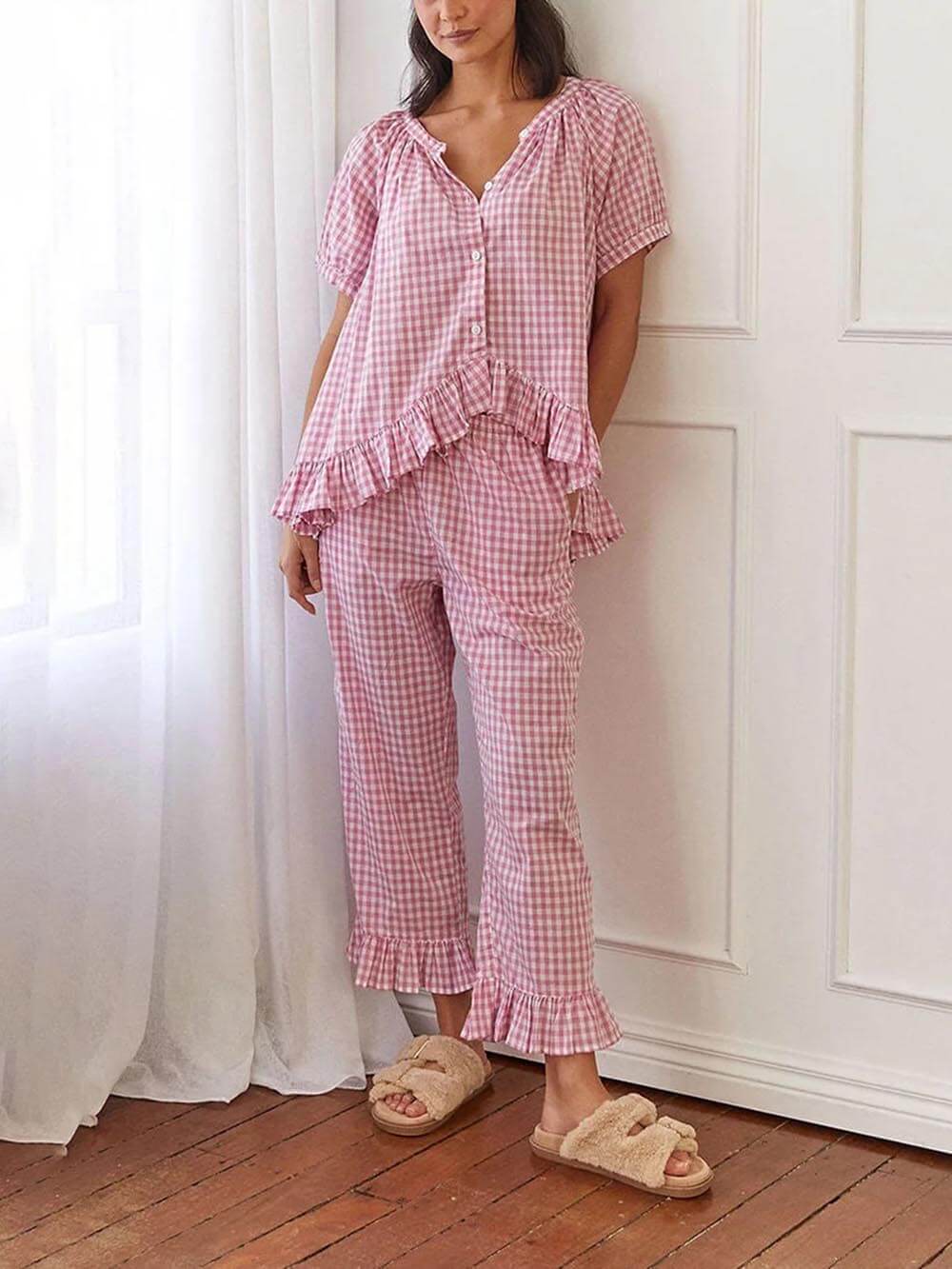 Casual geplooide geruite print pyjamaset