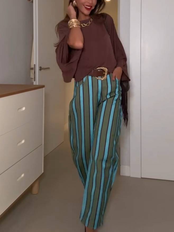 Loose T-Shirt And Striped Printed Pants Set-Top