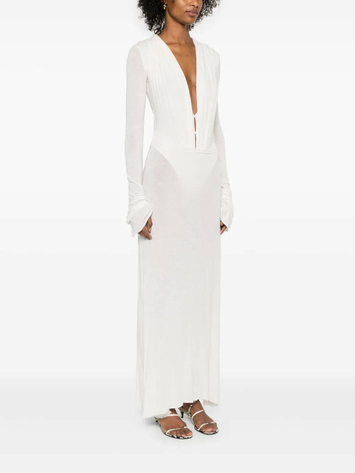 Deep V-neck Semi-transparent Long Sleeve Maxi Dress