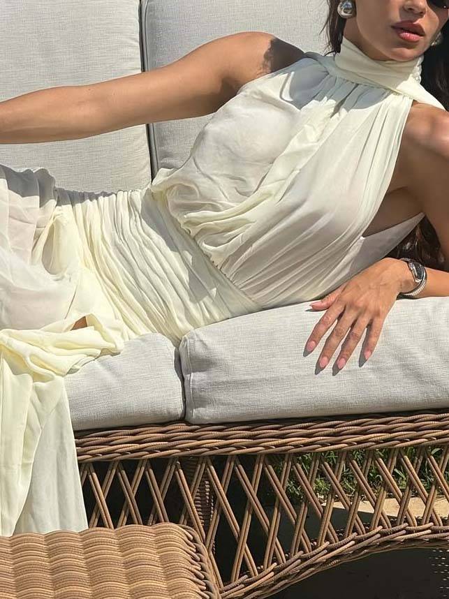 Romantic Scarf Waist Pleated Split Maxi Dress