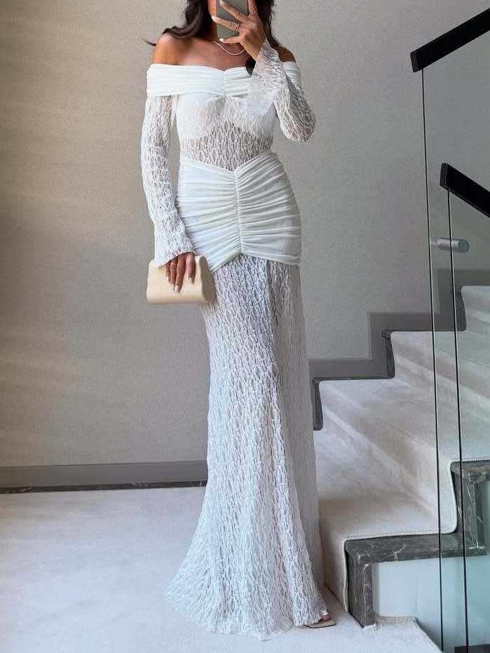 Elegant Lace Off-shoulder Pleated Maxi Dress