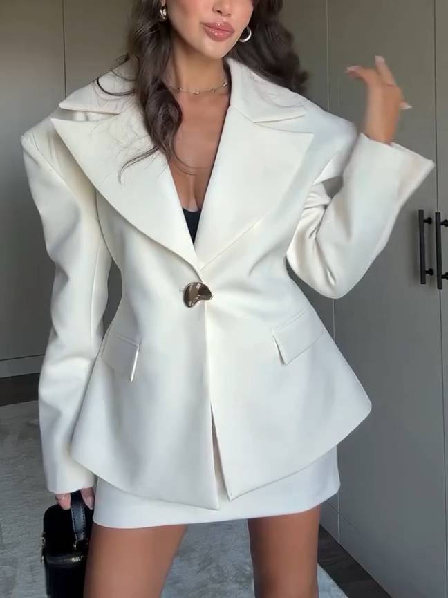 Wide Shoulder Waisted Blazer And Mini Skirt Suit -Skirt