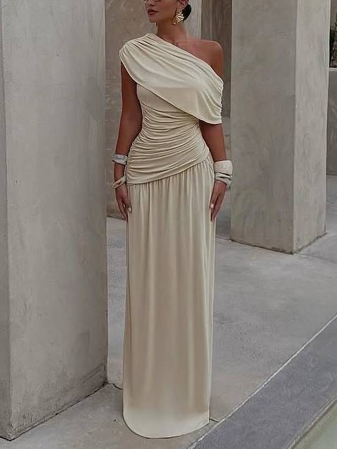 Off-shoulder Pleated Slim-fit Maxi Dress